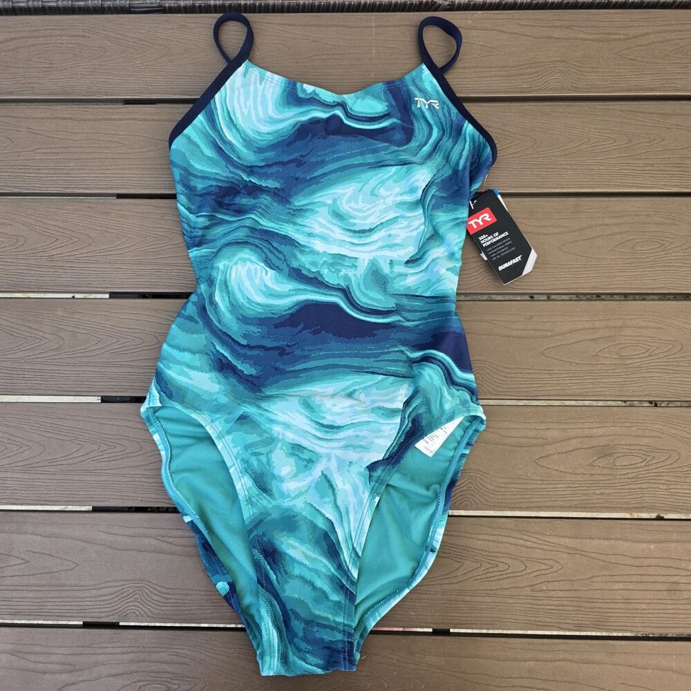 TYR Durafast Women's Mezio Teal Cutoutfit 1 Pc Swimsuit SZ 30 New